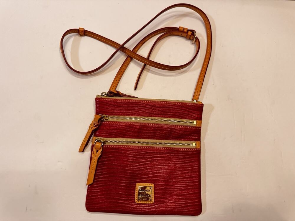 Dooney & Bourke Red Pebble Grain Leather Triple Zip Crossbody Bag Tan Strap
